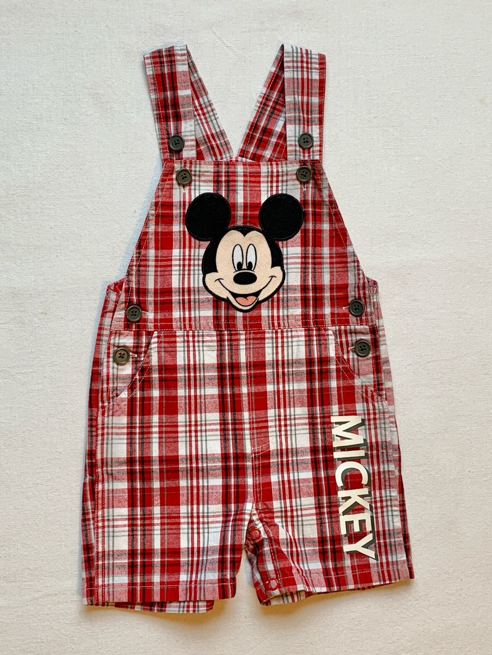 Disney Mickey Mouse Character Red & White Plaid Short Overalls Shortalls 18M